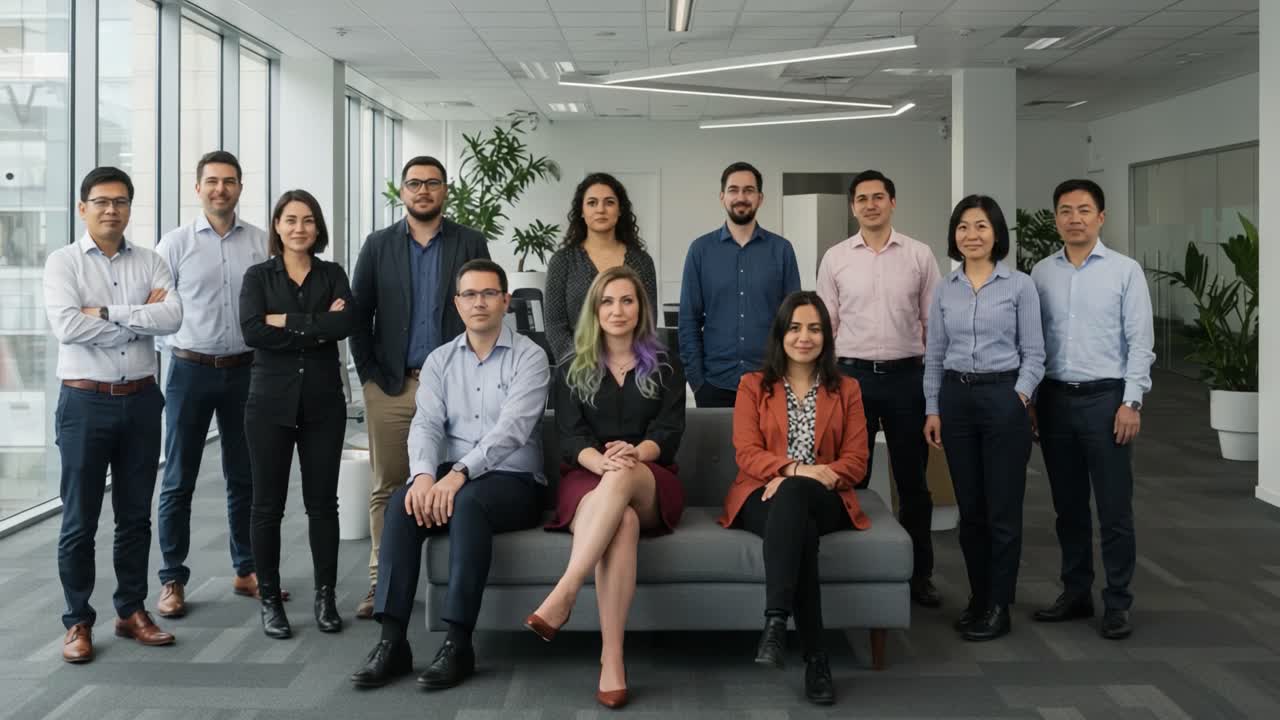 A Diverse Group of Professionals Posing Confidently in a Modern Office Environment, Showcasing Team Spirit and Collaboration in a Bright Workspace
