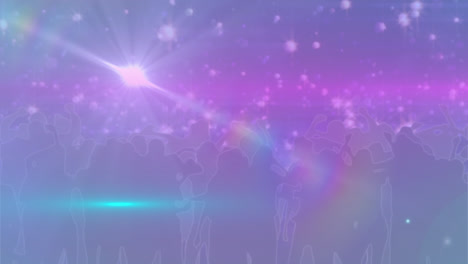 animación de un haz de luz moviéndose sobre la silueta multitud multirracial disfrutando en un concierto de música