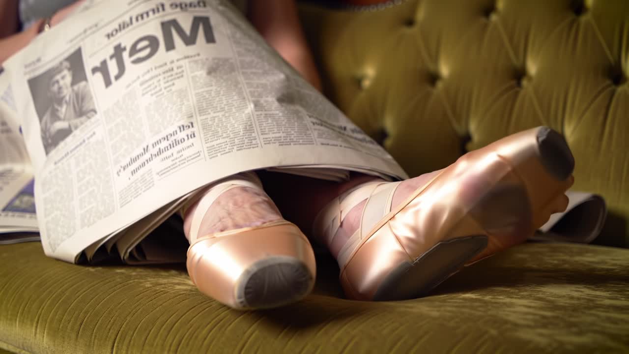 A Dancer's Rest: Elegant Ballet Slippers Peeking from Under a Newspaper on a Plush Sofa, Radiating Grace and Dedication to the Art of Dance