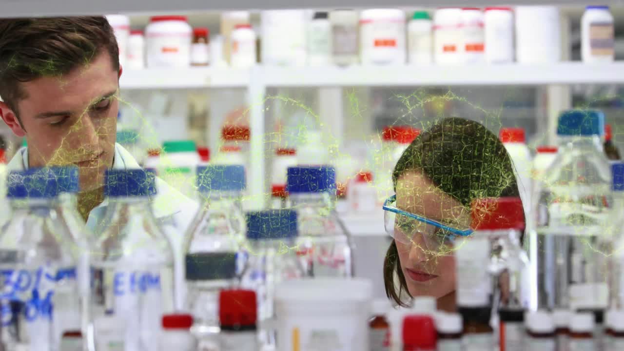 백인 동료들이 병원 의약품 가게에서 논의하는 dna 나선의 애니메이션