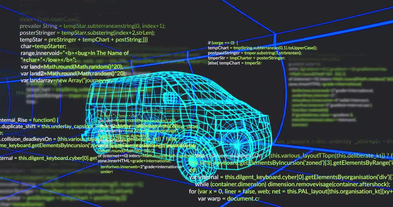 3D wireframe van model floating over color-coded JS code with neon blue axes and box lines