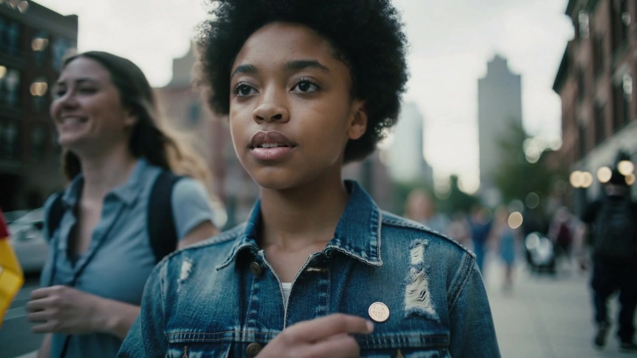 Touching teen in denim jacket adjusting circular pin while walking city sidewalk, rainbow flag