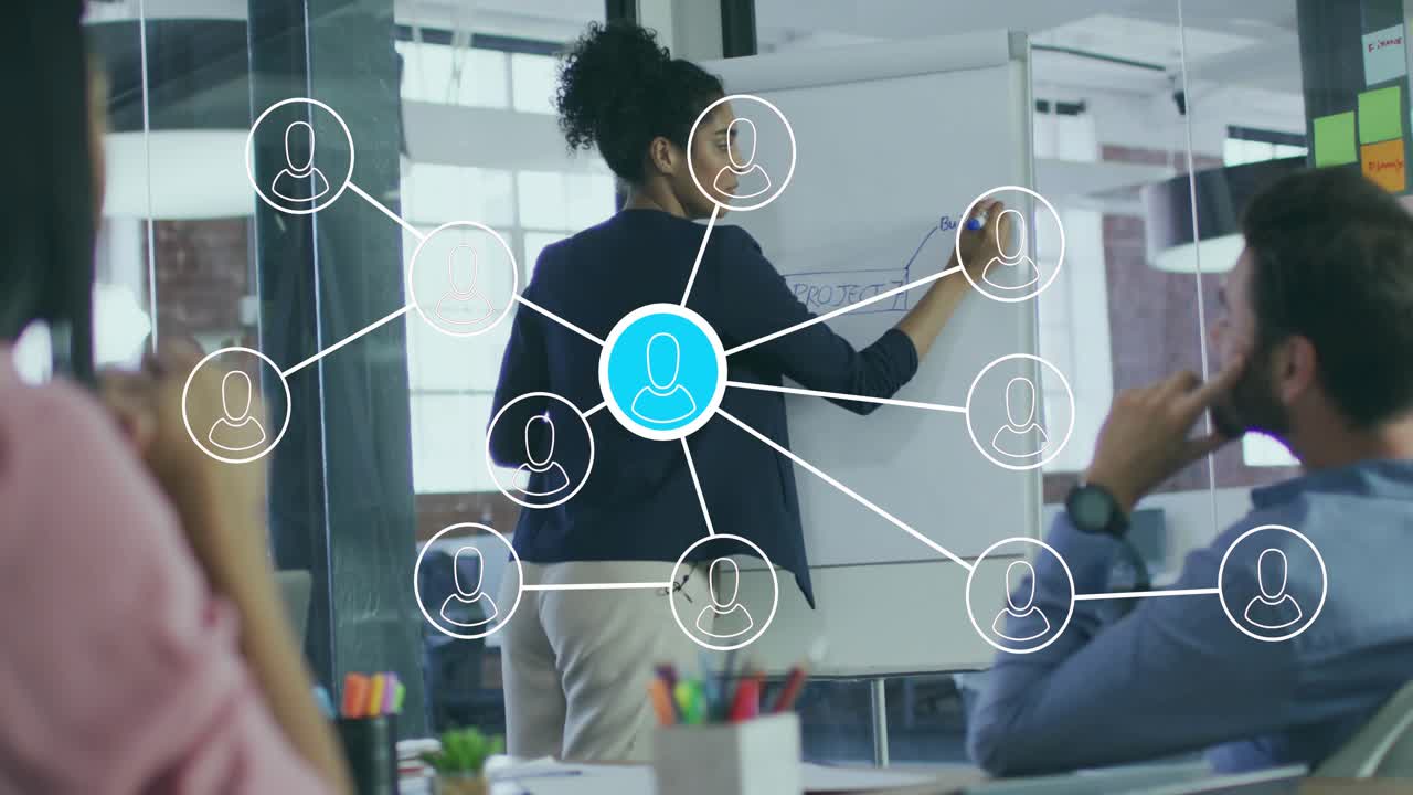 Network overlay fading in while business presenter sketching diagram and smartphone filming meeting