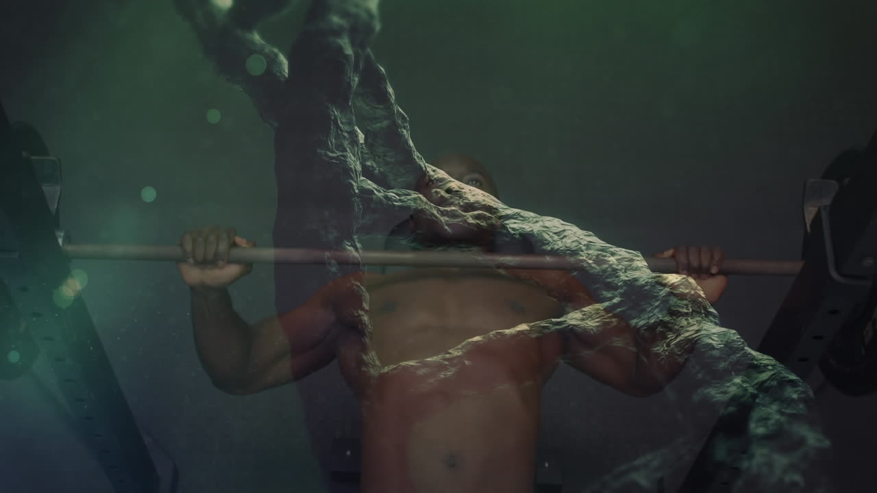 체육관에서 운동하는 강한 남자 위의 dna 가닥의 애니메이션