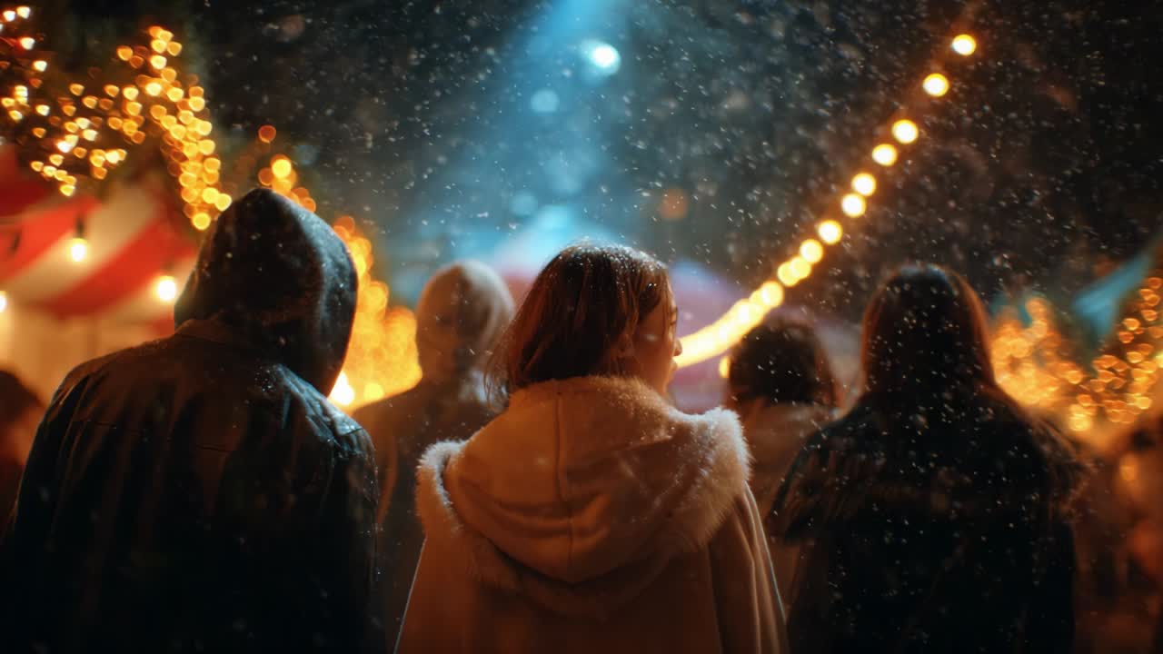 A Magical Winter Evening: A Group of Friends Strolls Through a Festive Market, Illuminated by Twinkling Lights and Flurries of Snow, Creating a Warm and Joyous Atmosphere Perfect for Holiday Celebrations