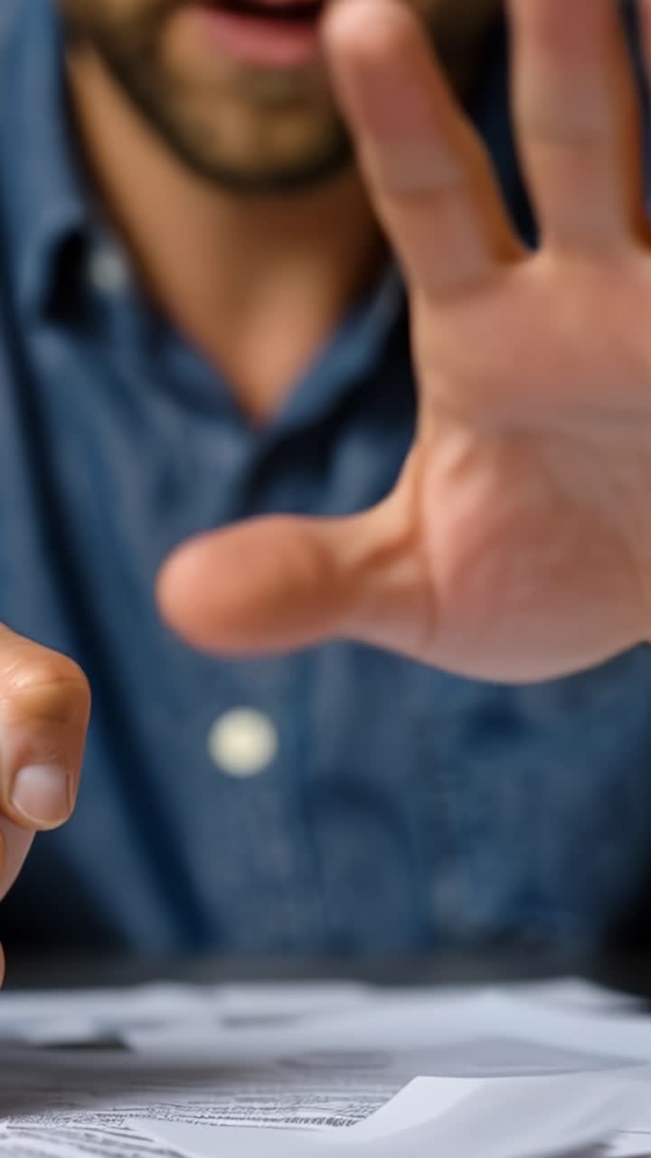 Close-Up of a Frustrated Individual's Hand Clenching Fist While Reviewing Documents, Indicating Stress or Tension in a Paperwork Situation