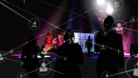 network of profile icons against group of people dancing at a disco