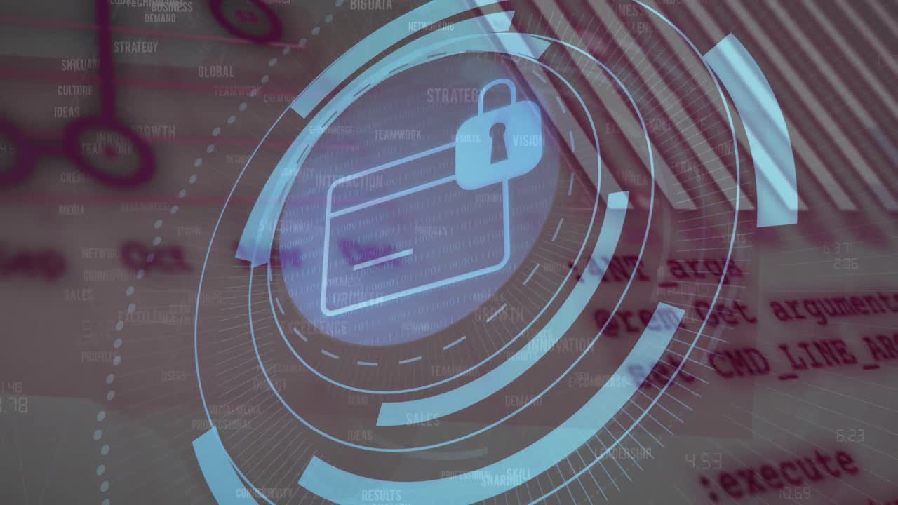 animación del icono del candado de seguridad sobre el escáner redondo contra el procesamiento de datos estadísticos