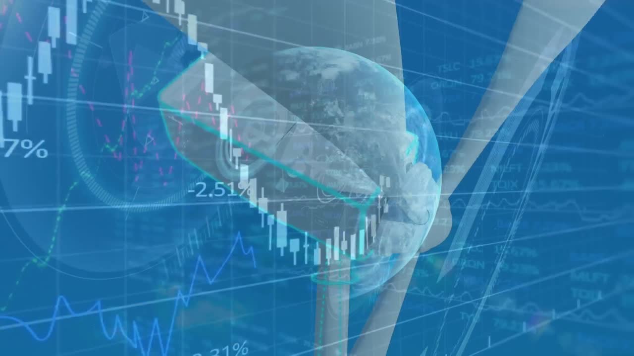 바이너리 코딩, 데이터 처리 및 풍력 터빈 위의 지구의 애니메이션