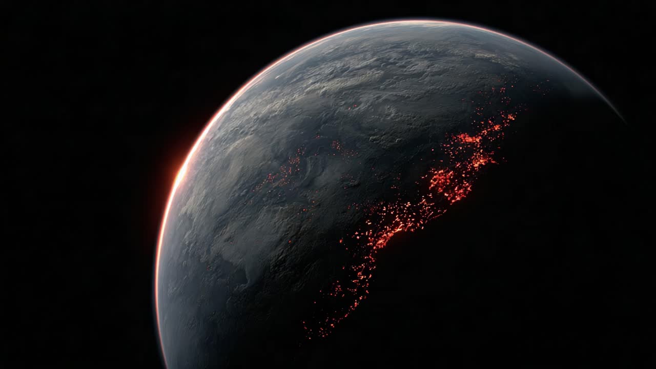 A Stunning View of a Glowing Planet with Fiery Highlights at the Edge, Capturing the Resplendent Beauty and Mystique of Earth's Landmasses in Ethereal Lighting