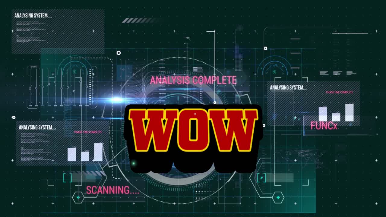 Animazione del testo 'wow' e elaborazione dati su sfondo nero.