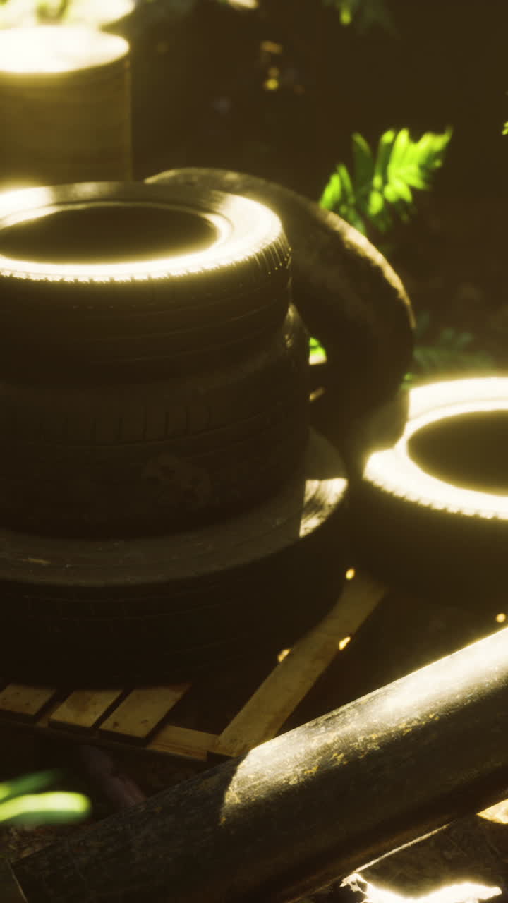 폐기 된 타이어가 자연 환경에서 쌓여 있습니다.