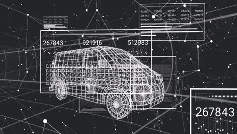 Animation-Von-Sich-ändernden-Zahlen-Und-Dem-Laden-Von-Quadraten-über-Dem-3D-Modell-Eines-Autos-Gegen-Verbundene-Punkte