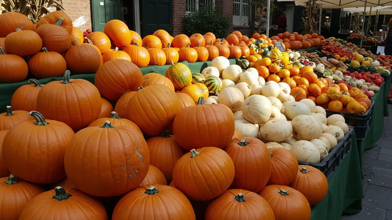 Vibrant Display of Fresh Pumpkins and Seasonal Produce at an Outdoor Market, Showcasing a Colorful Array of Gourds and Fruits in Abundant Baskets
