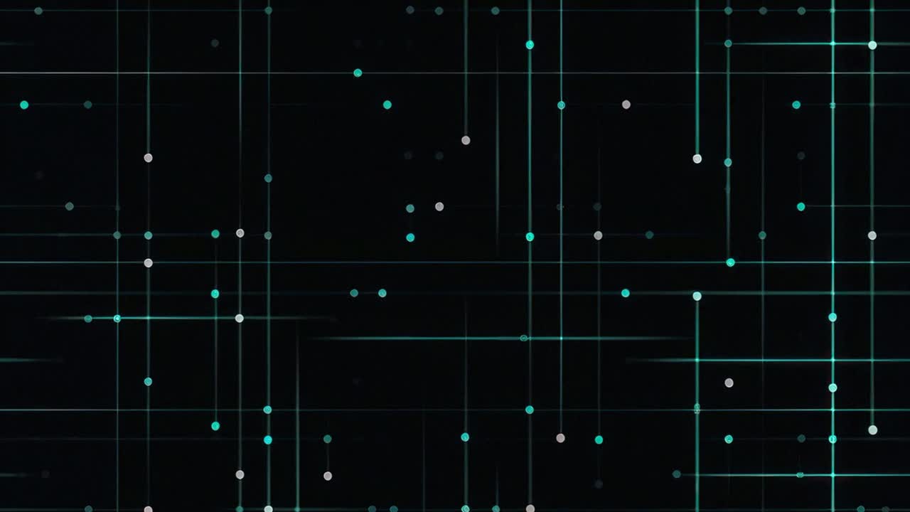 Futuristic video concept with vertical neon blue lines and dots on a black background, viewed