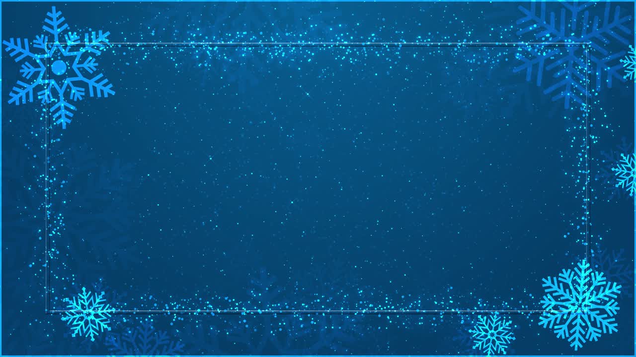 Elegant snowflake frame design on blue background sparkling particles gently drifting air winter
