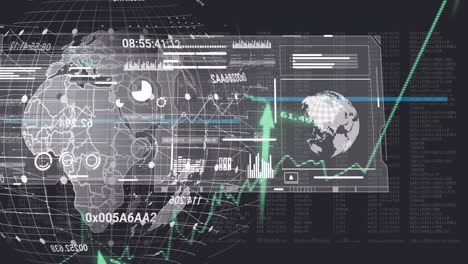 Animation-Von-Pfeilen,-Globen,-Diagrammen,-Ladekreisen-Und-Balken-über-Einem-Globus-Mit-Gittermuster