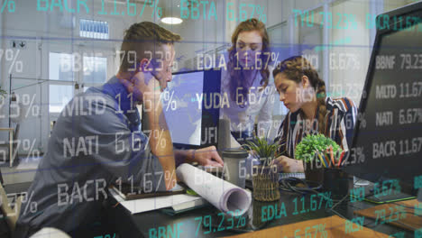 animation of data processing over diverse business people talking
