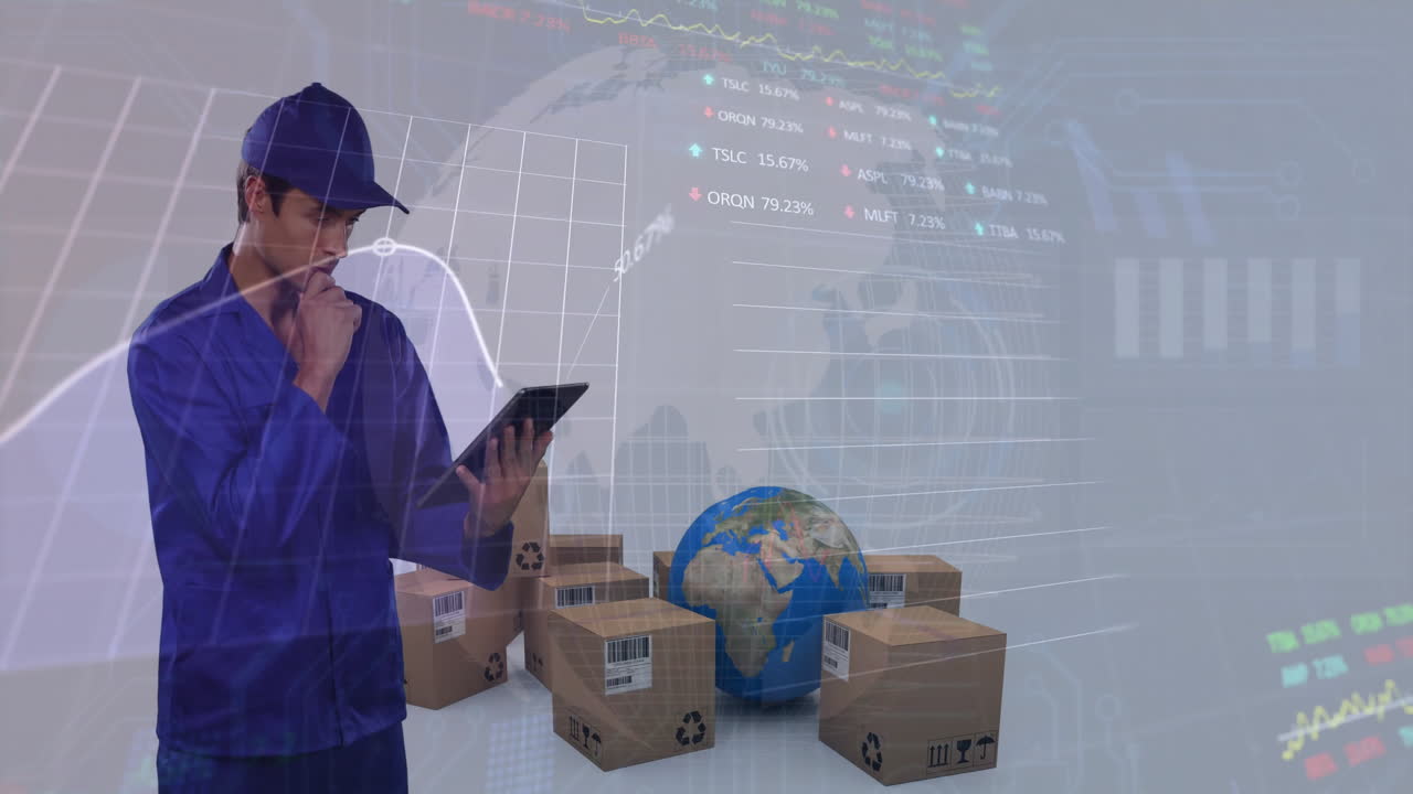 animación de procesamiento de datos financieros sobre un hombre biracial usando una tableta trabajando en un almacén