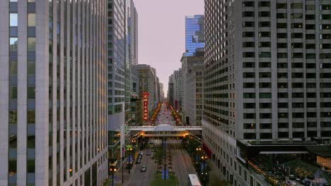 state street with chicago sign aerial view