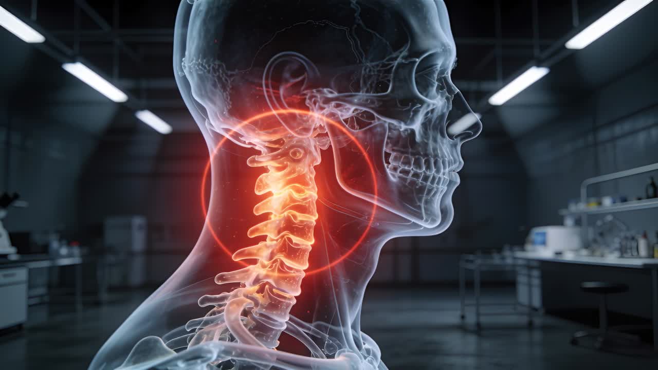 Modello trasparente pulsante di testa e collo in un laboratorio di ricerca, con un bagliore rosso che parte da C2-C4 evidenziando la colonna vertebrale.