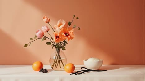 still life with flowers, oranges, and vanilla