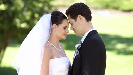 Happy-newlyweds-standing-in-the-park