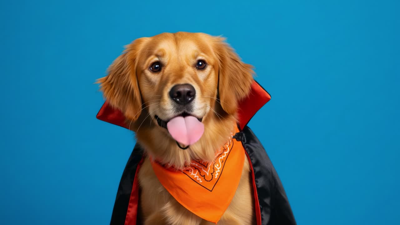Adorable Golden Retriever Dressed as a Vampire, Complete with Cape and Bandana, Poses Playfully Against a Bright Blue Background, Perfect for a Fun Halloween Moment