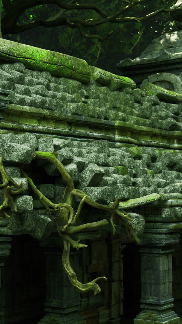 Antiche rovine di pietra coperte di muschio verde in una giungla nebbiosa.