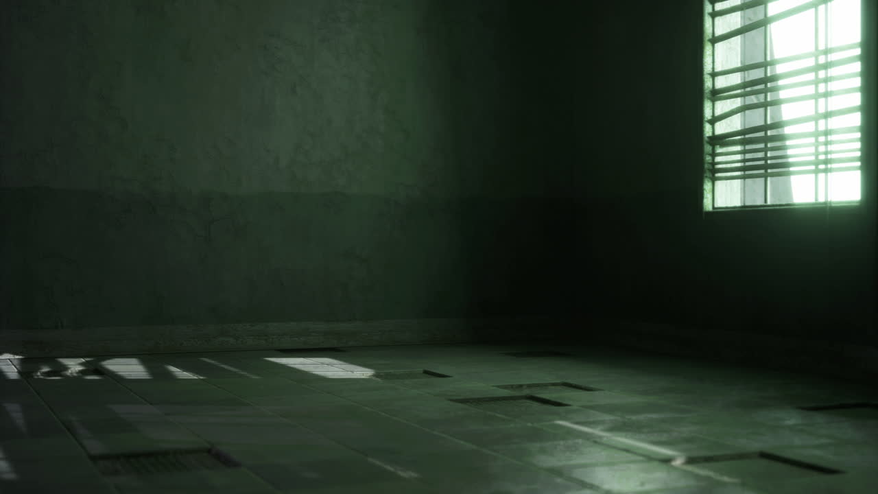 Shadows and light create an eerie atmosphere in an empty room