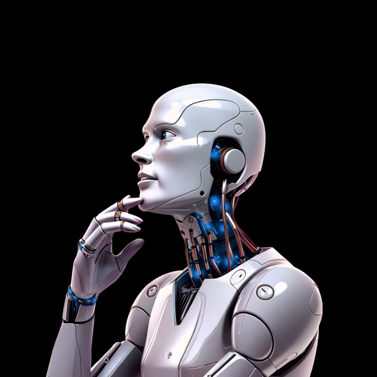 Fütüristik düşünceli humanoid robot animasyonu izole kaynak, şeffaf 4K video, alfa kanalı