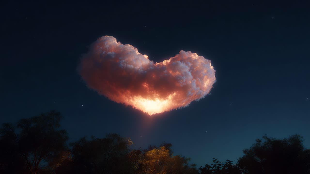 A Stunning Heart-Shaped Cloud Illuminated at Night, Emitting a Warm Glow Against the Starry Sky, Transforming the Landscape with Its Unique and Romantic Appearance