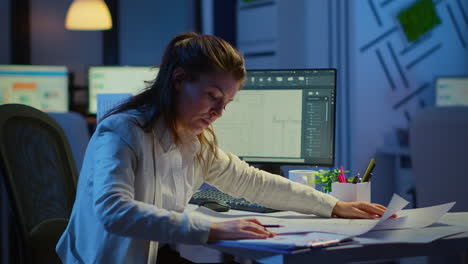 Focused woman architect checking and matching blueprints overtime