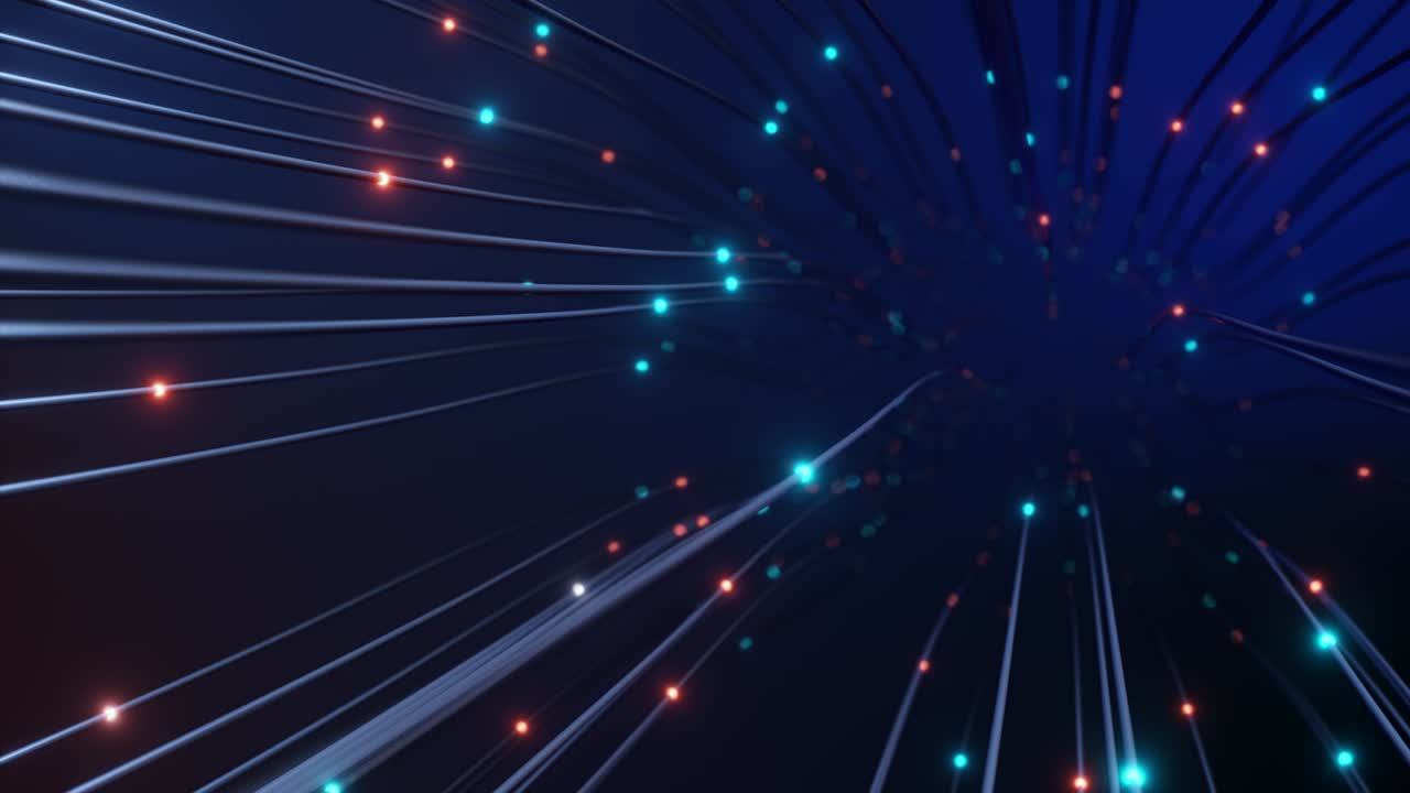 propagación de una señal azul a través de un alambre. el movimiento de la cámara detrás de los cables. el concepto de la difusión y transmisión de información en el mundo digital.