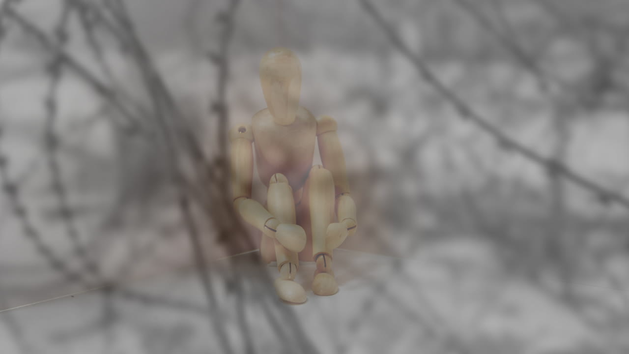animación de alambre de púas sobre una marioneta de madera sentada