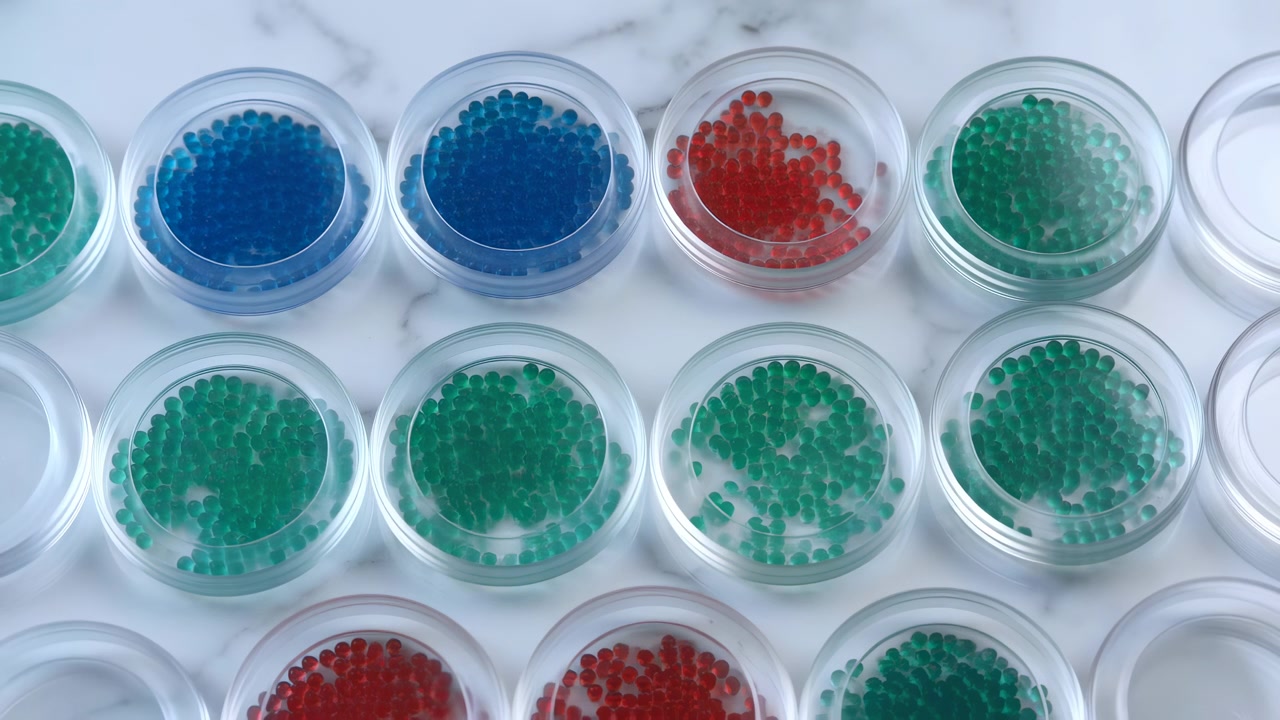 A top-down view of colorful microscope slides on a digital interface, showcasing scientific research and a clean background with blue and green hues, educational and commercial us.