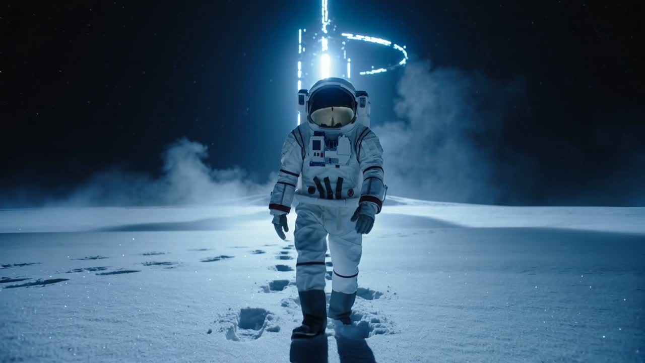 En astronaut i rumdragt med rygsæk går over en måneslette nær en lyssøjle og efterlader fodspor.