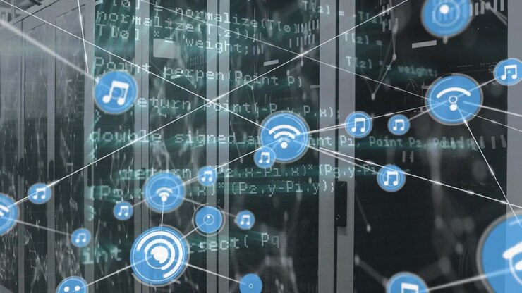 Drifting code starting blue node appearing nodes linking spreading across servers showing data flow