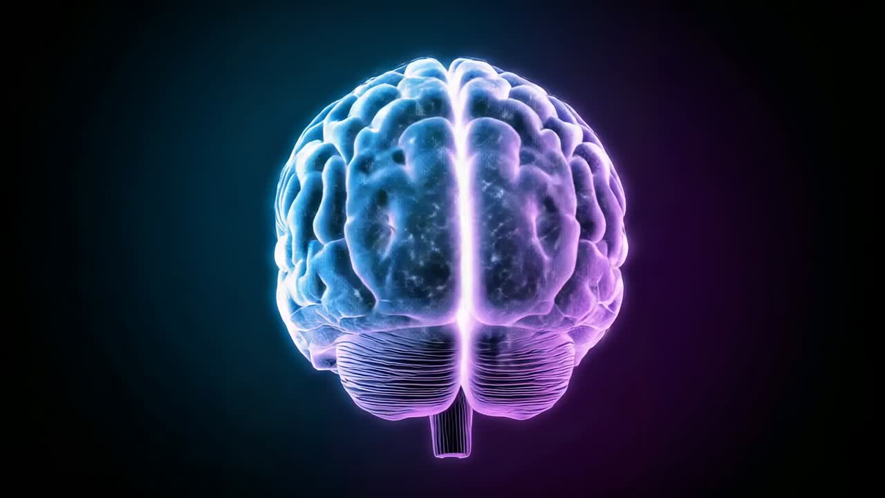 Glowing 3D brain model starting slow clockwise rotation in dark studio, showcasing particle effects