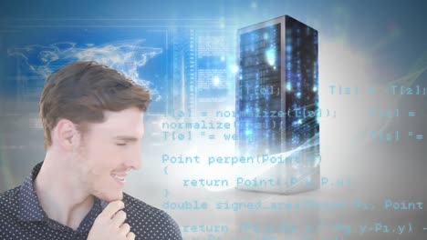 Animation-of-confident-Caucasian-man-smiling-and-looking-at-camera-with-processing-servers-in-backgr