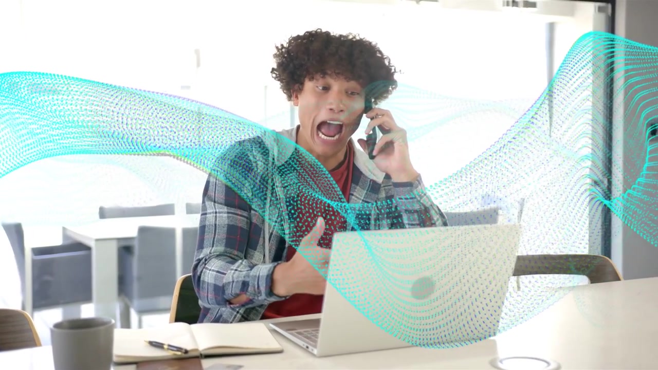 Tech man receiving call while typing laptop pointing screen sharing info turquoise wave overlaying