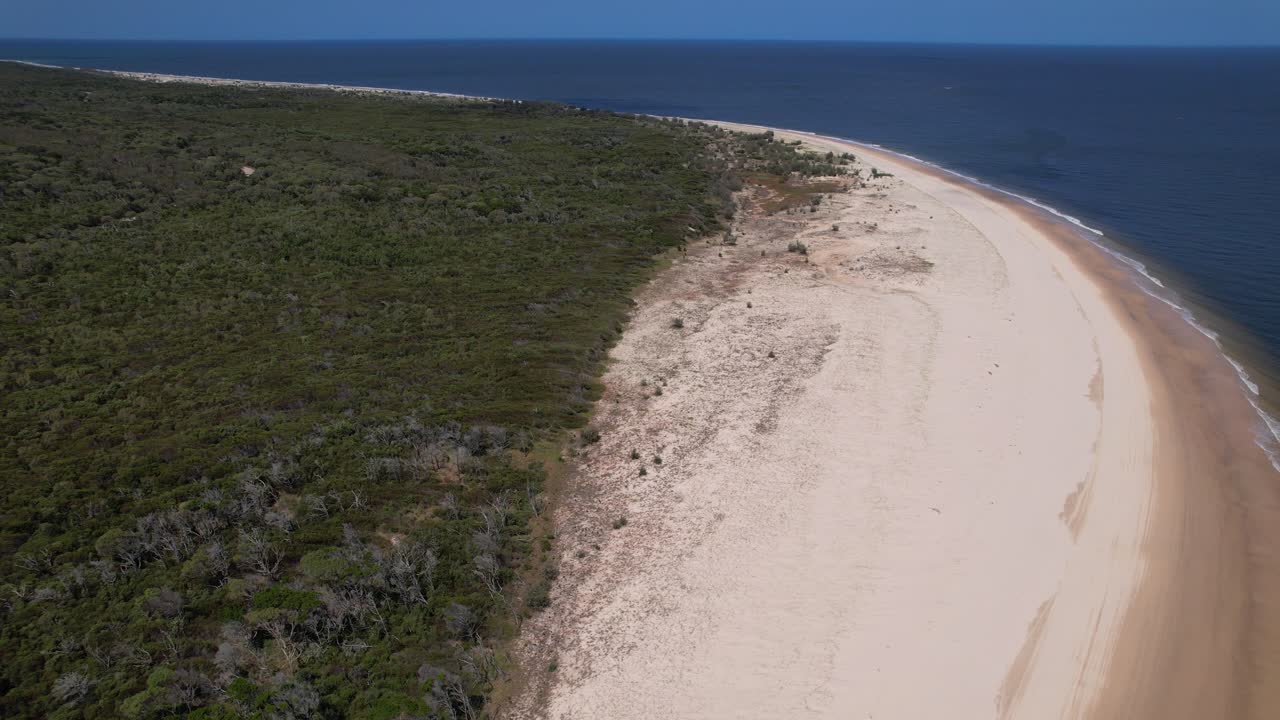 Sandy Shore And Lush Vegetation, Rainbow Beach In Queensland, Australia - Aerial Shot