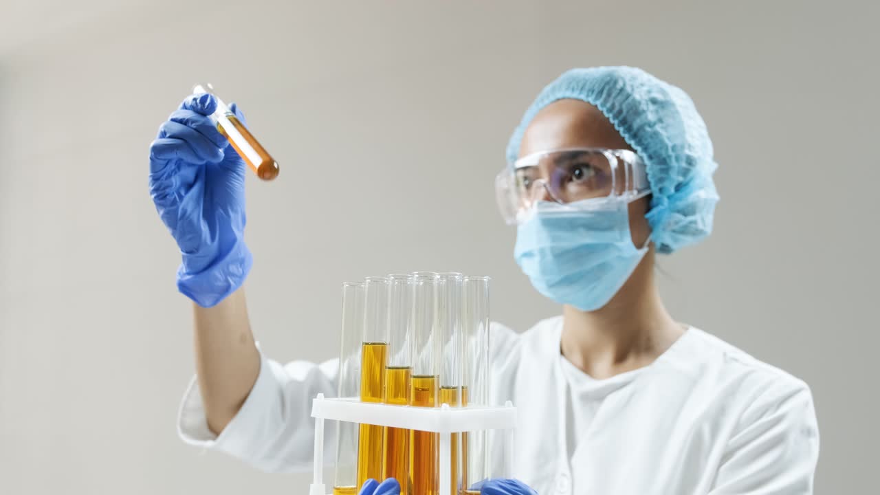 실험실 에서 실험 튜브 를 검사 하는 과학자