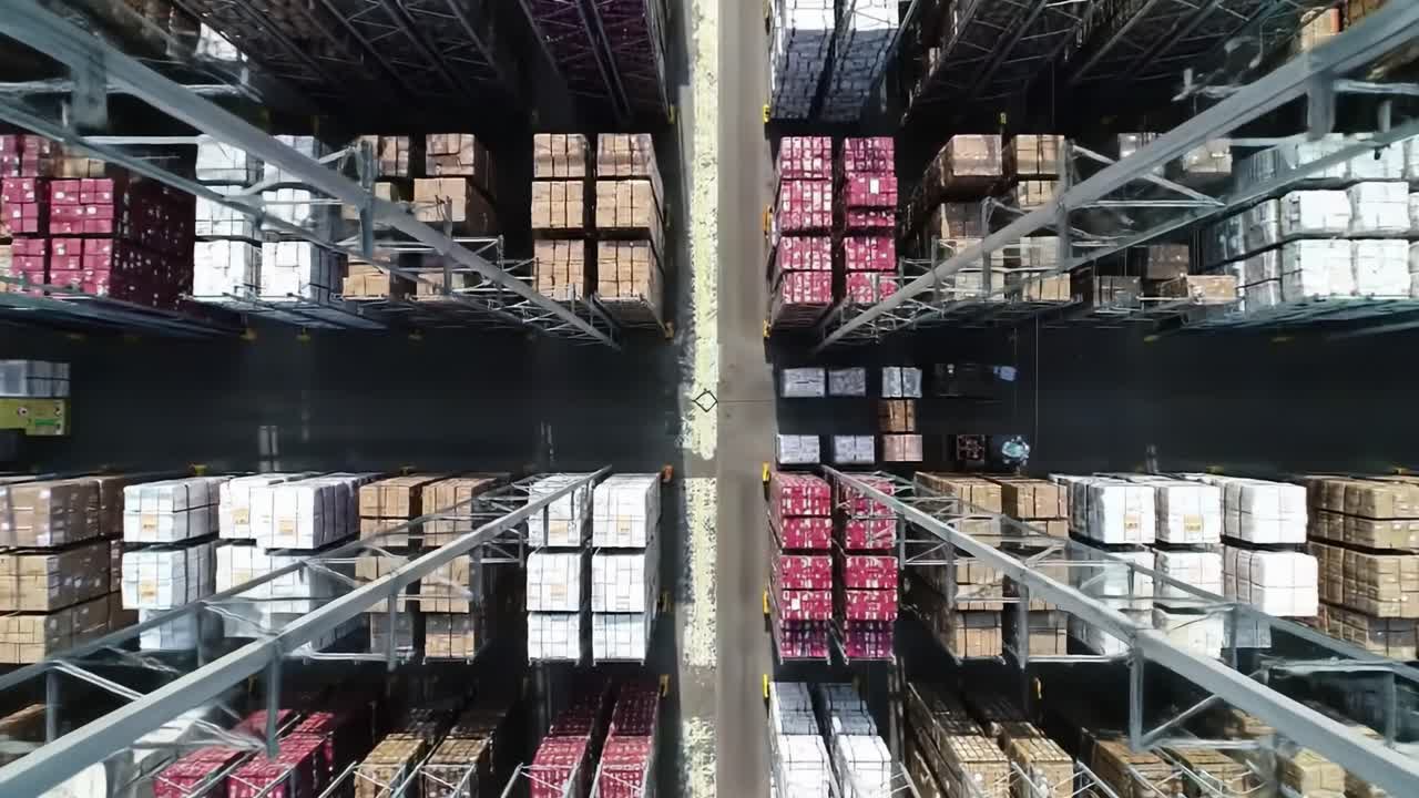 Aerial view of a large warehouse, highlighting rows of stacked pallets and boxes. Workers are moving goods, efficiently managing the storage space during peak hours.