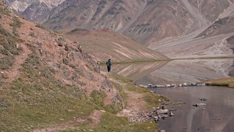 a man standing by the edge of a beautiful himalayan lake