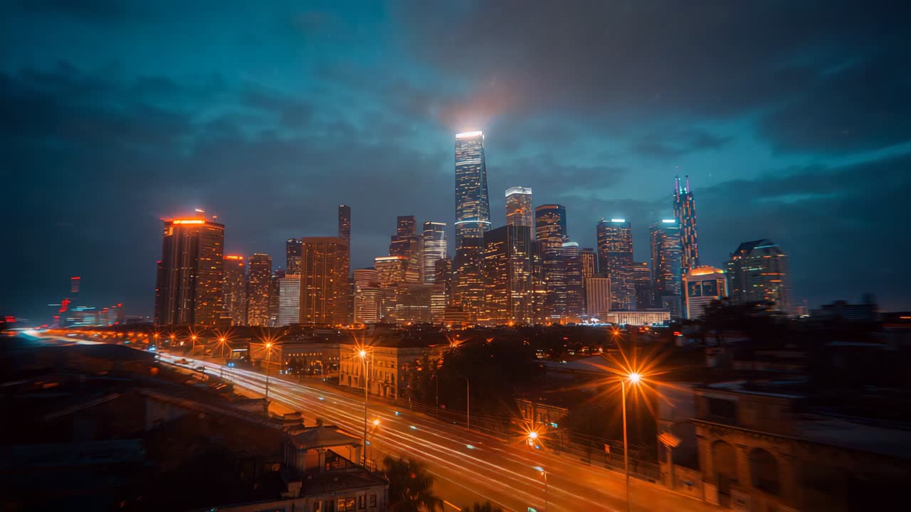 Nightfall ushering downtown skyline warming to amber, with drifting clouds and highway light trails