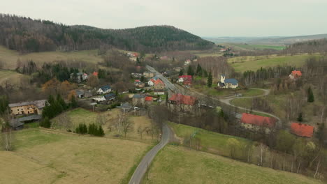 City-center-of-small-town-rural-village-in-barren-countryside-on-overcast-day