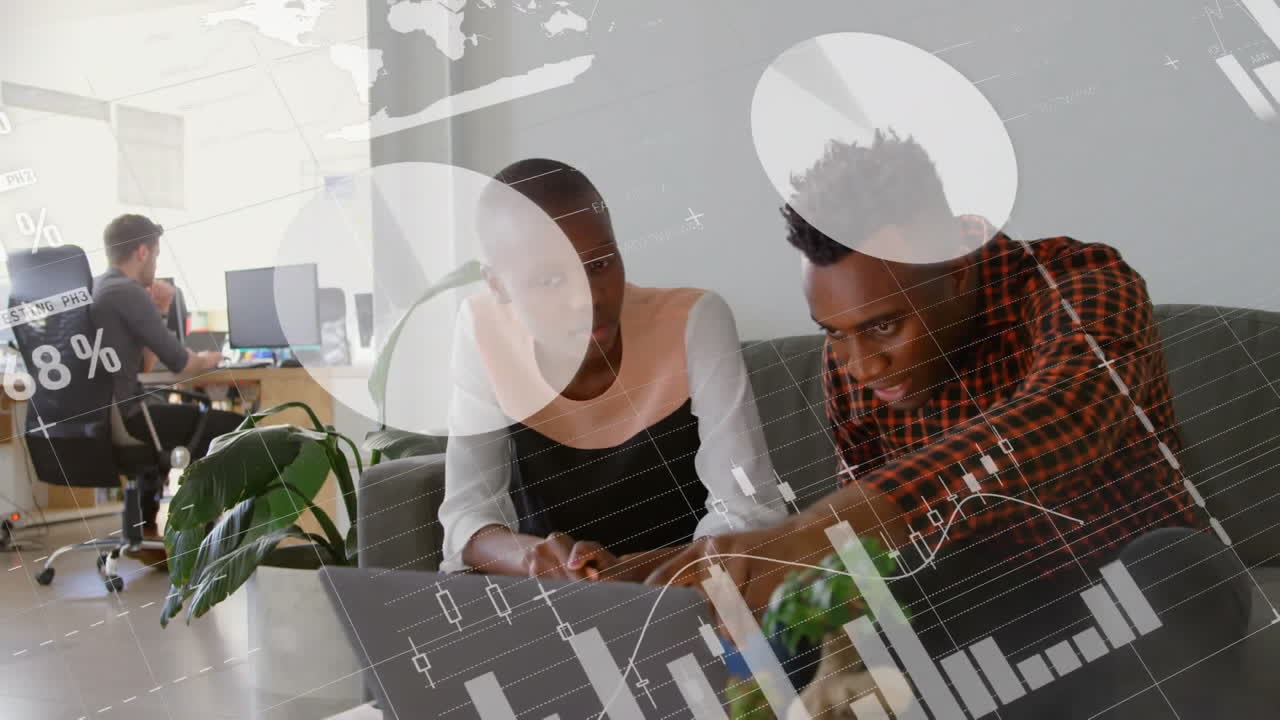 Animation of statistical data processing against african american man and woman discussing at office