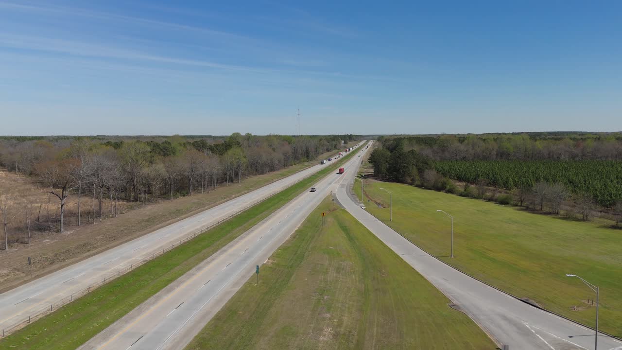 Aerial push in on Interstate 16 in Georgia.