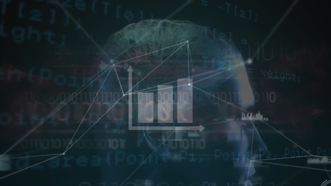 animación de gráficos de barras, puntos conectados, lenguaje de programación y códigos binarios sobre la anatomía humana